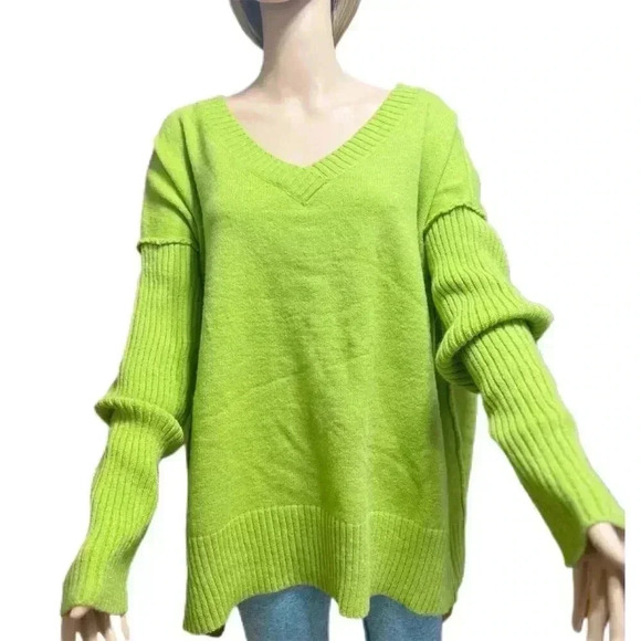 Oversized Knit Pullover Sweater Women’s L–2XL Green V-Neck Free People Style - Picture 2 of 6